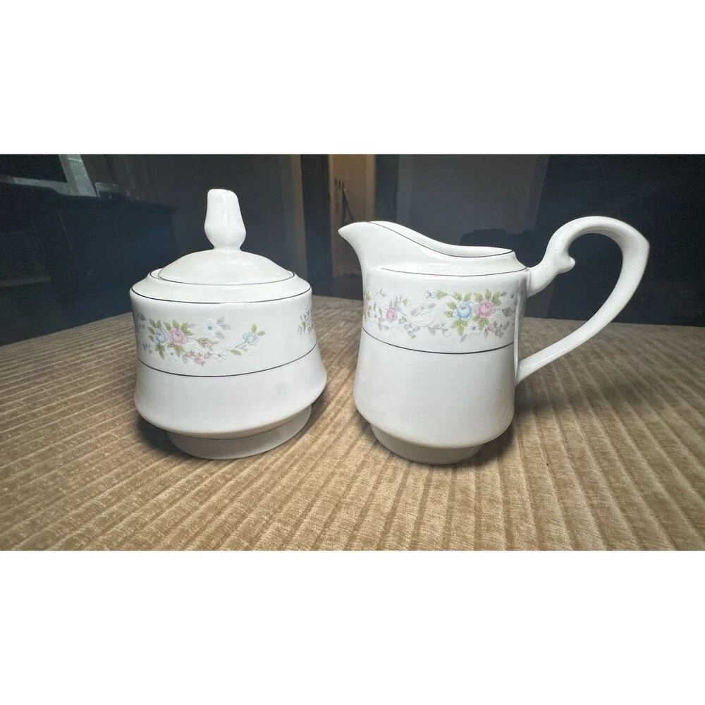 Cannes by Royal Majestic Pink Blue White Floral Sprays Creamer and Sugar Bowl
